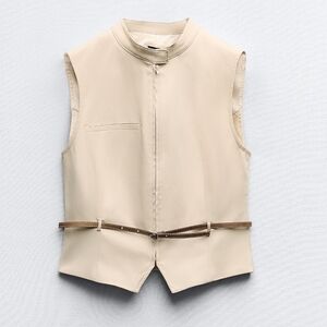ZARA New Blogger Fav Ivory Belted Tailored Vest Waistcoat Womens Size Large
